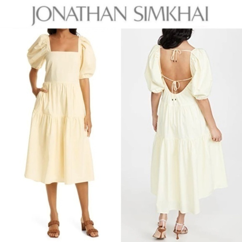 JONATHAN SIMKHAI  Open Back Tiered Midi Dress in Yellow Buttercream M NWT 385$